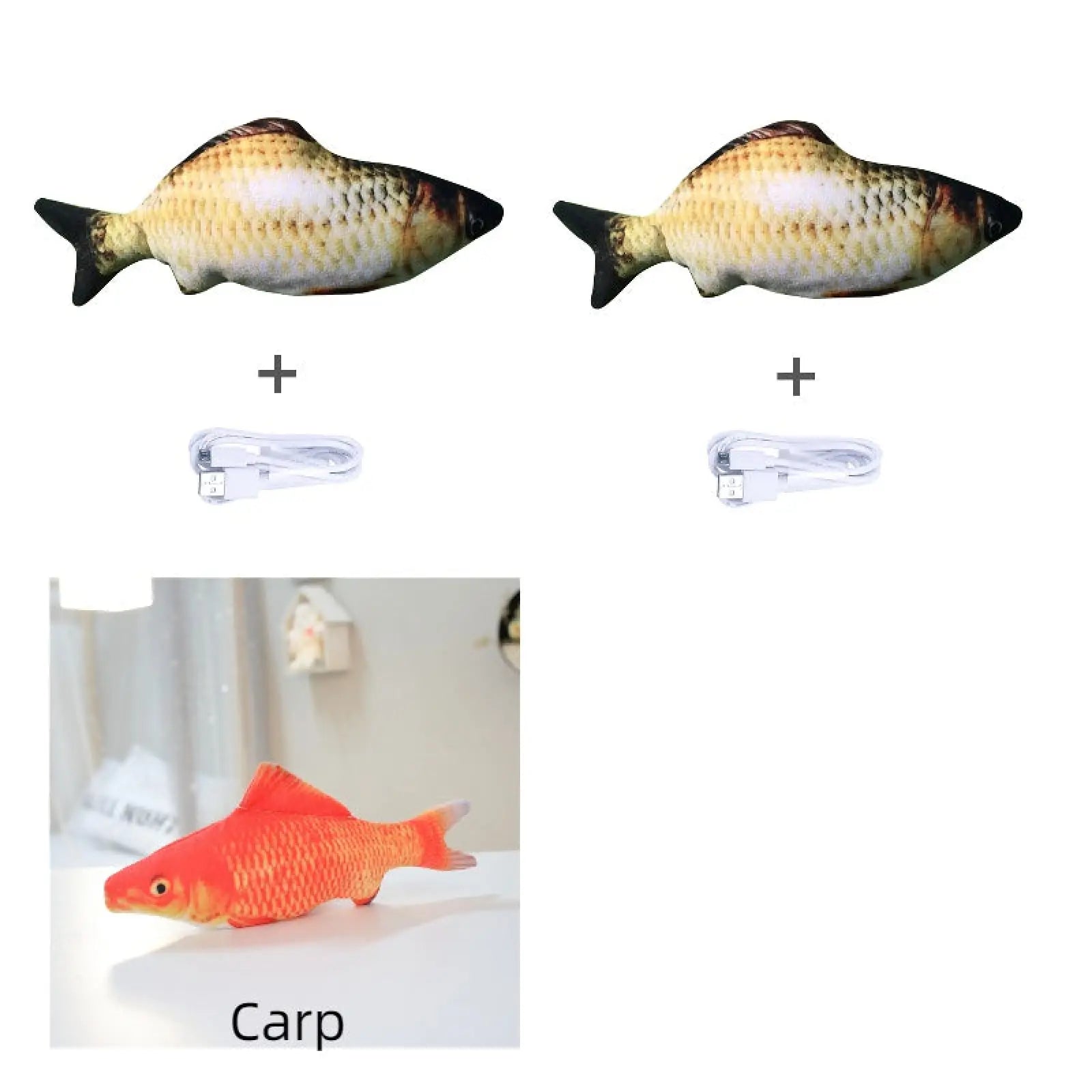 Electric jumping fish cat toy plush with yellowish-brown scales and black fins moves powered by usb cable no catnip version