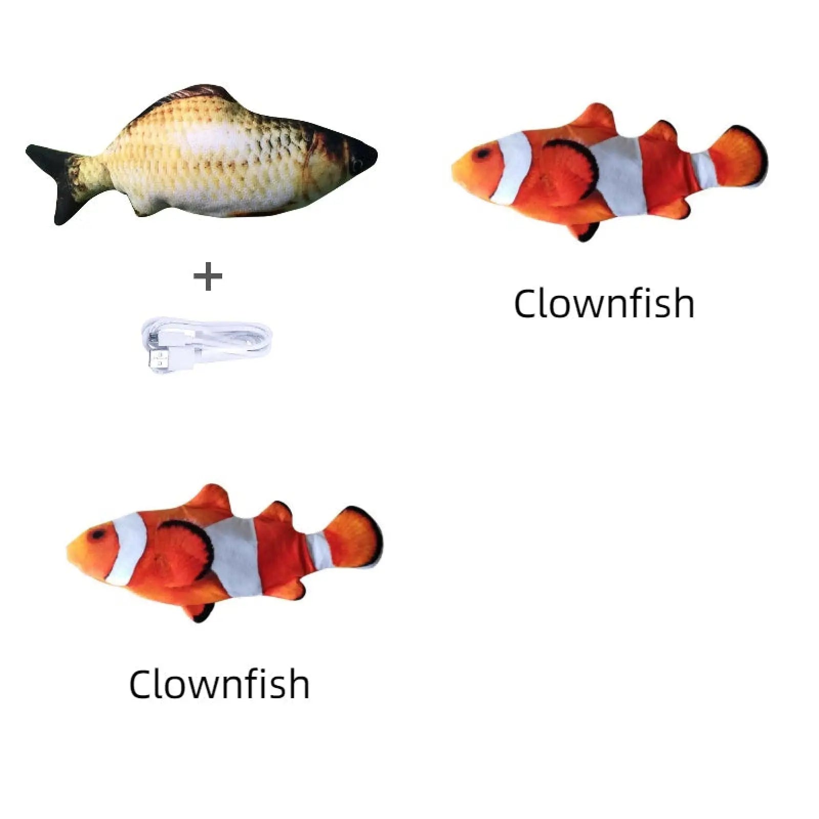 Plush electric jumping fish cat toy with orange and white striped clownfish design no catnip version