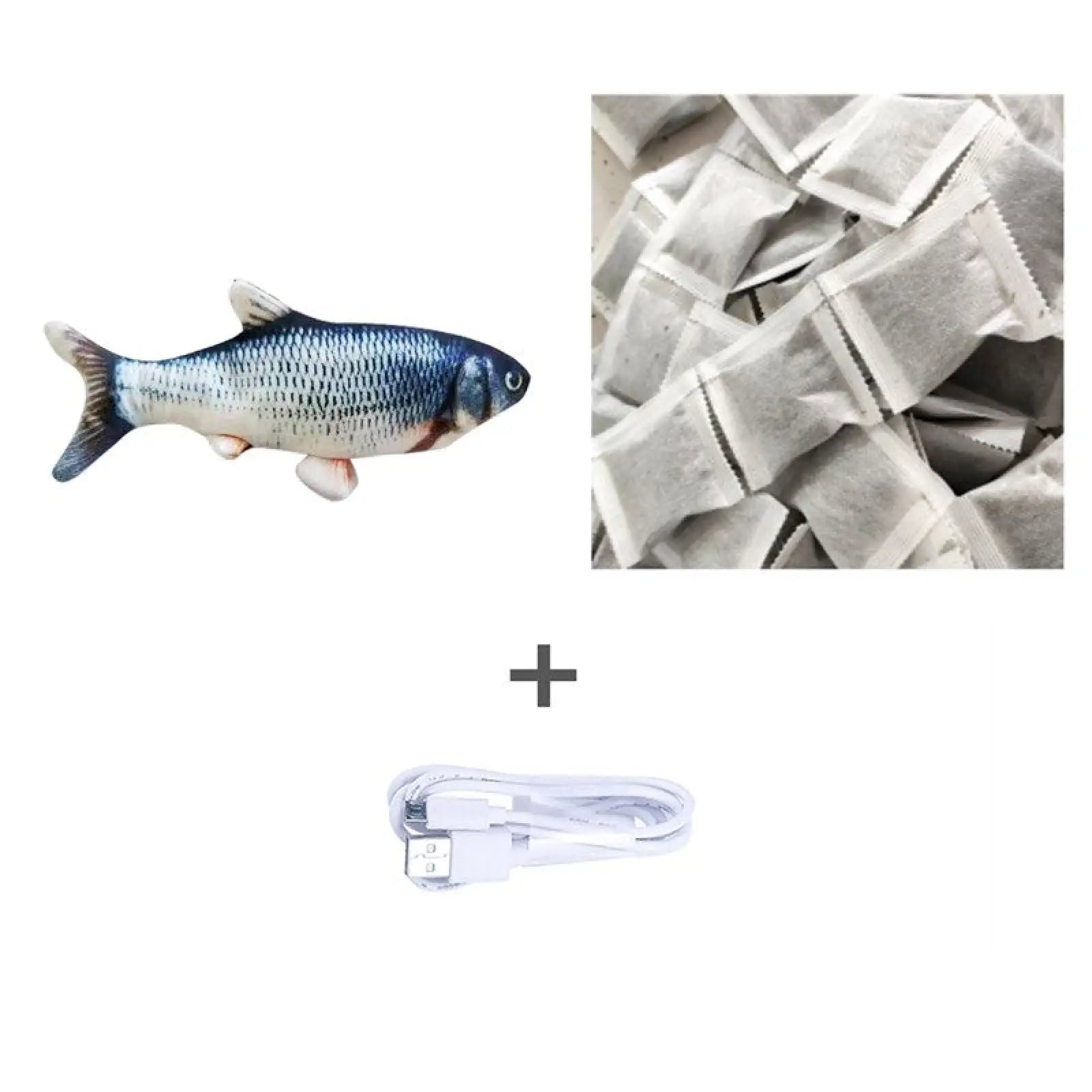 Blue and silver plush electric jumping fish cat toy no catnip version designed for interactive pet play