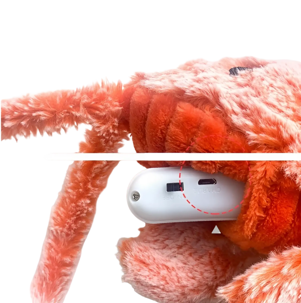 Orange plush crab toy with white electronic usb charging component for electric jumping lobster cat toy