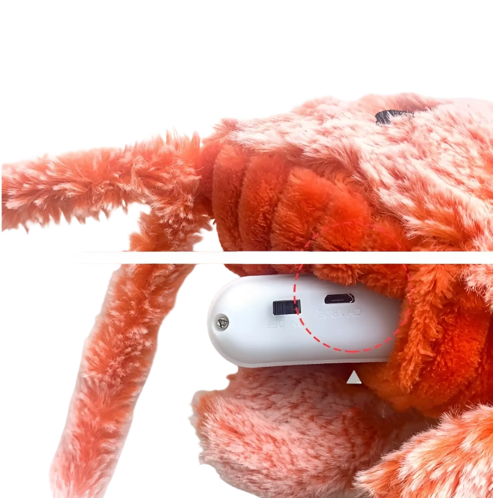 Orange plush crab toy with white electronic usb charging component for electric jumping lobster cat toy