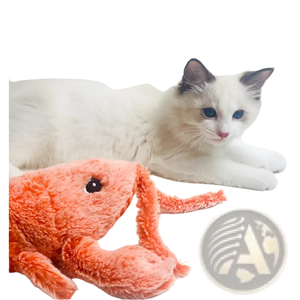 Soft coral-colored plush electric jumping lobster usb charging cat toy with black button eyes and fuzzy texture