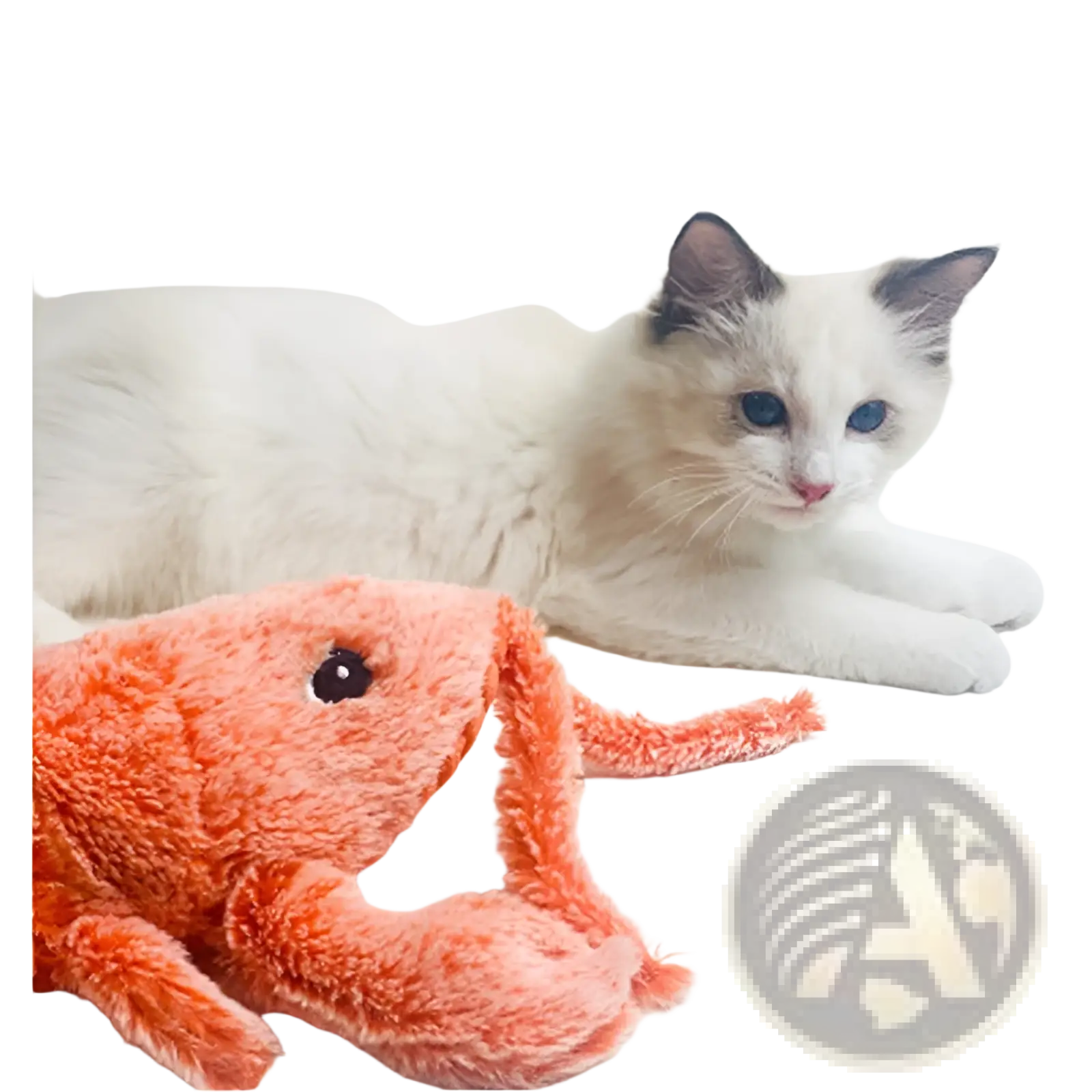 Soft coral-colored plush electric jumping lobster usb charging cat toy with black button eyes and fuzzy texture