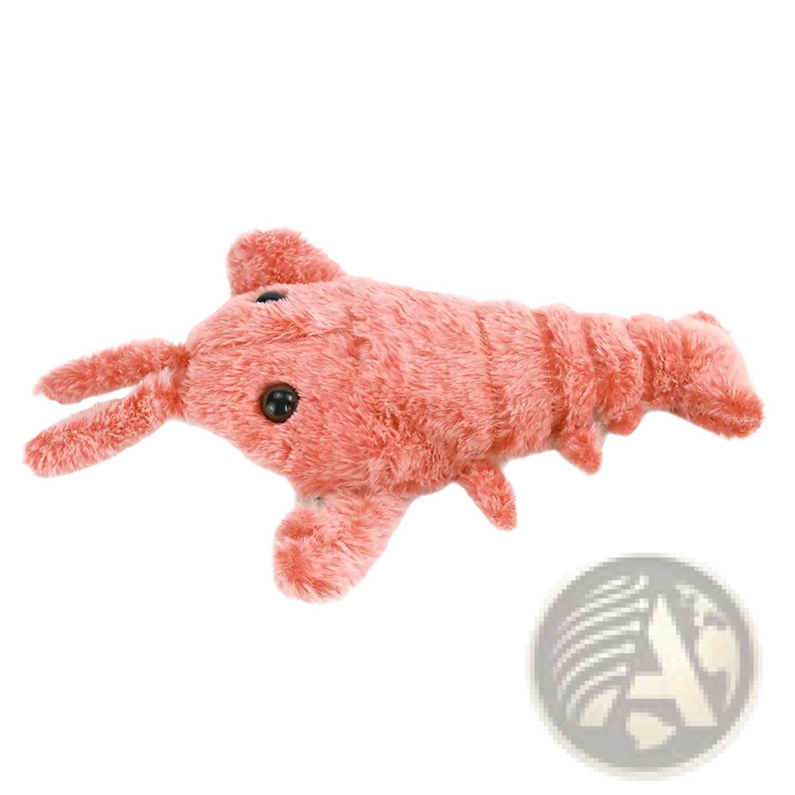 Cute coral-colored plush electric jumping lobster usb charging cat toy with black button eyes and soft fuzzy texture