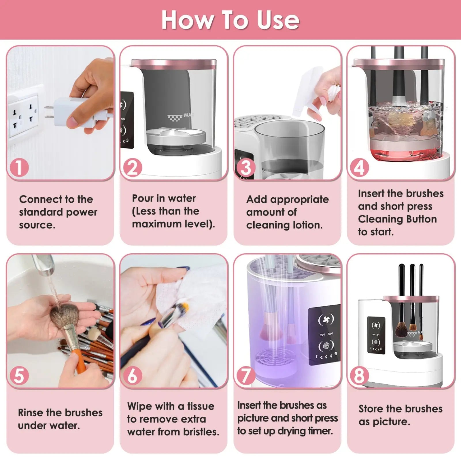 Electric makeup brush cleaner uv sterilizer and dryer in white and rose gold with transparent water tank and digital control panel