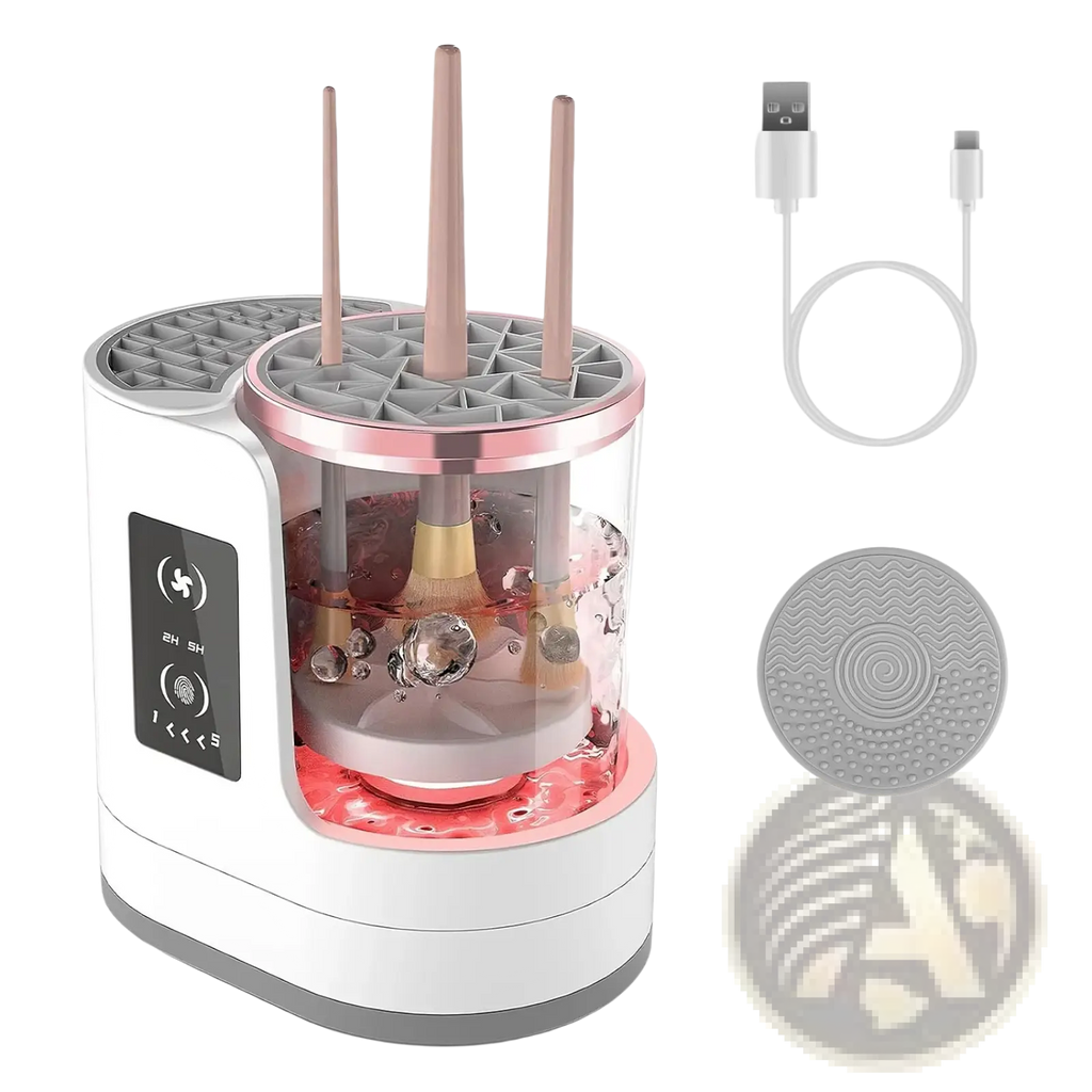 Electric makeup brush cleaner uv sterilizer and dryer in white and rose gold with transparent water tank and rotating chamber