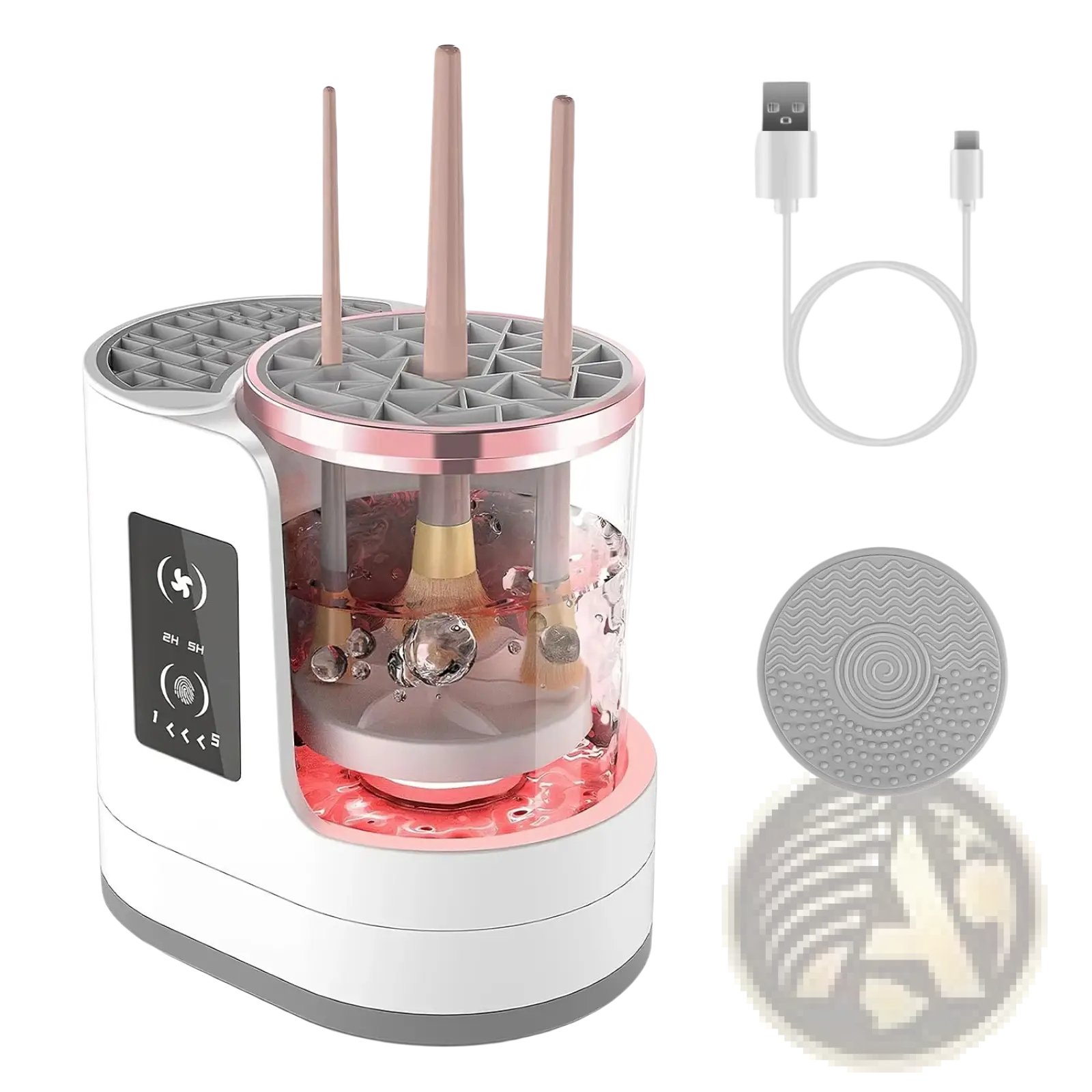 Electric makeup brush cleaner uv sterilizer and dryer in white and rose gold with transparent water tank and rotating chamber