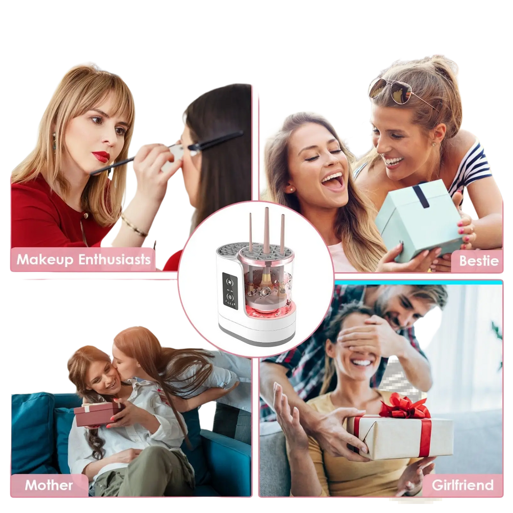 Electric makeup brush cleaner uv sterilizer and dryer in white and rose gold with transparent cylindrical chamber and spikes