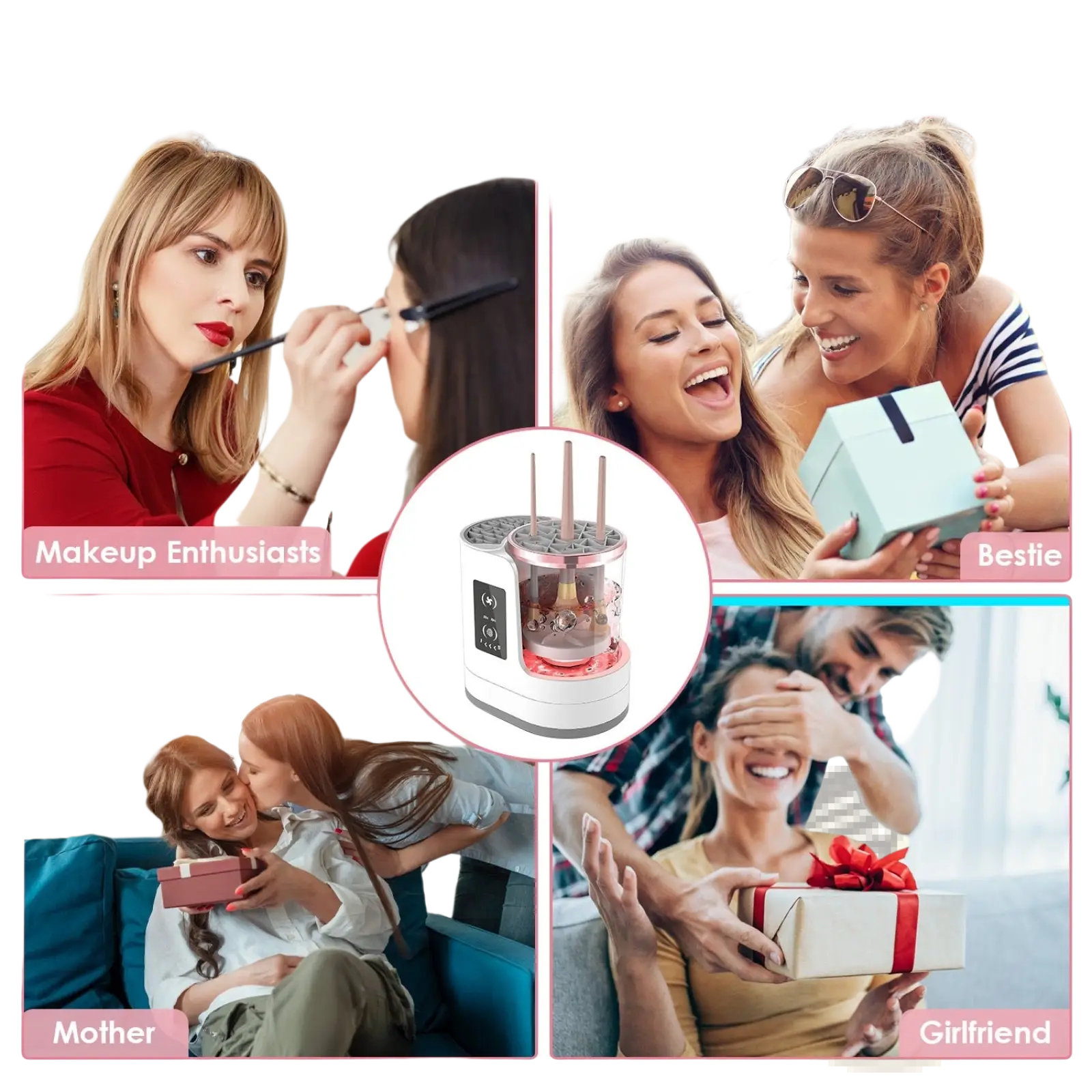 Electric makeup brush cleaner uv sterilizer and dryer in white and rose gold with transparent cylindrical chamber and spikes