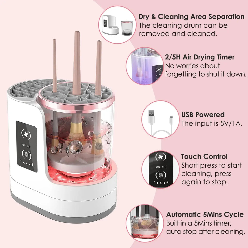 White and rose gold electric makeup brush cleaner uv sterilizer with transparent chamber usb input and touch control panel