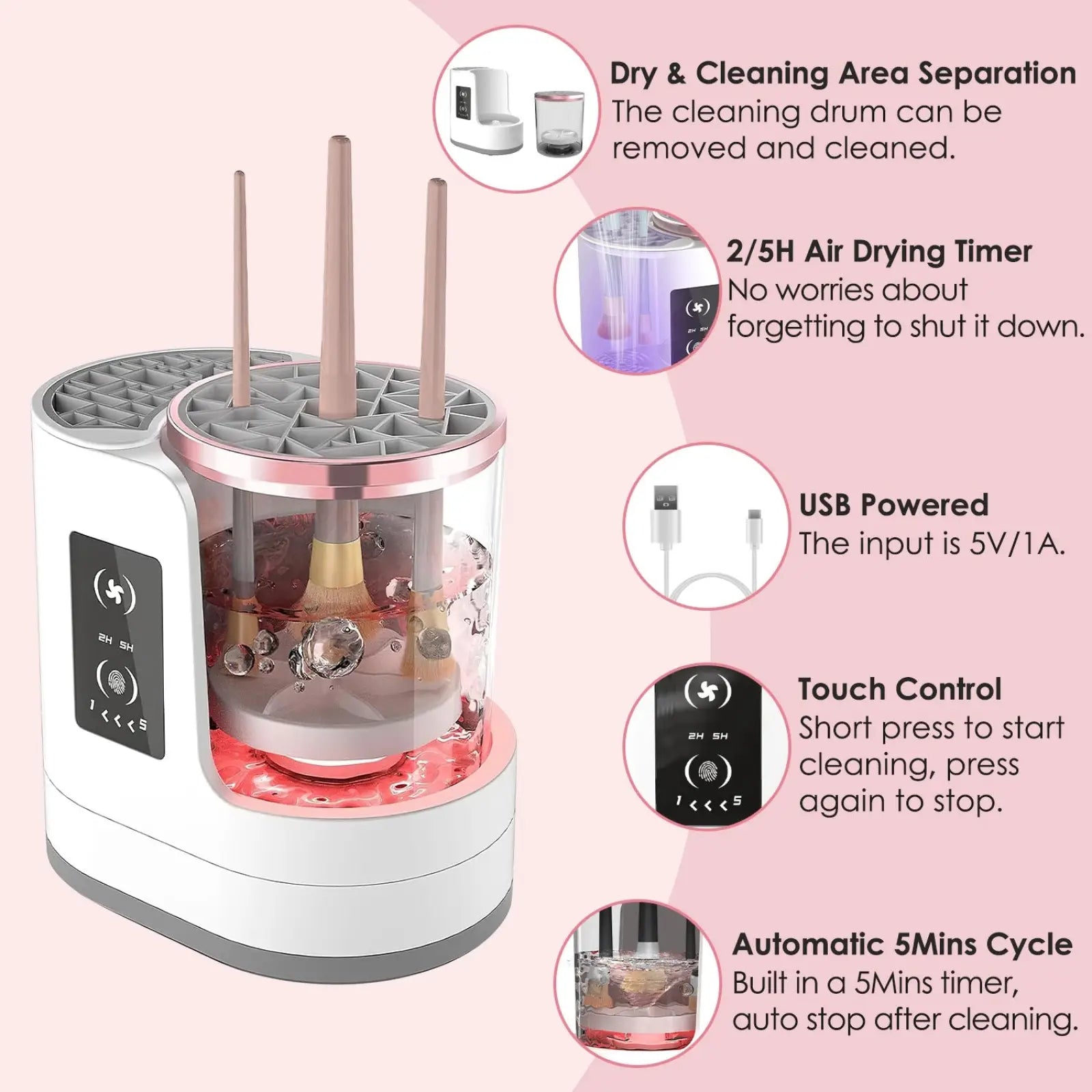 White and rose gold electric makeup brush cleaner uv sterilizer with transparent chamber usb input and touch control panel