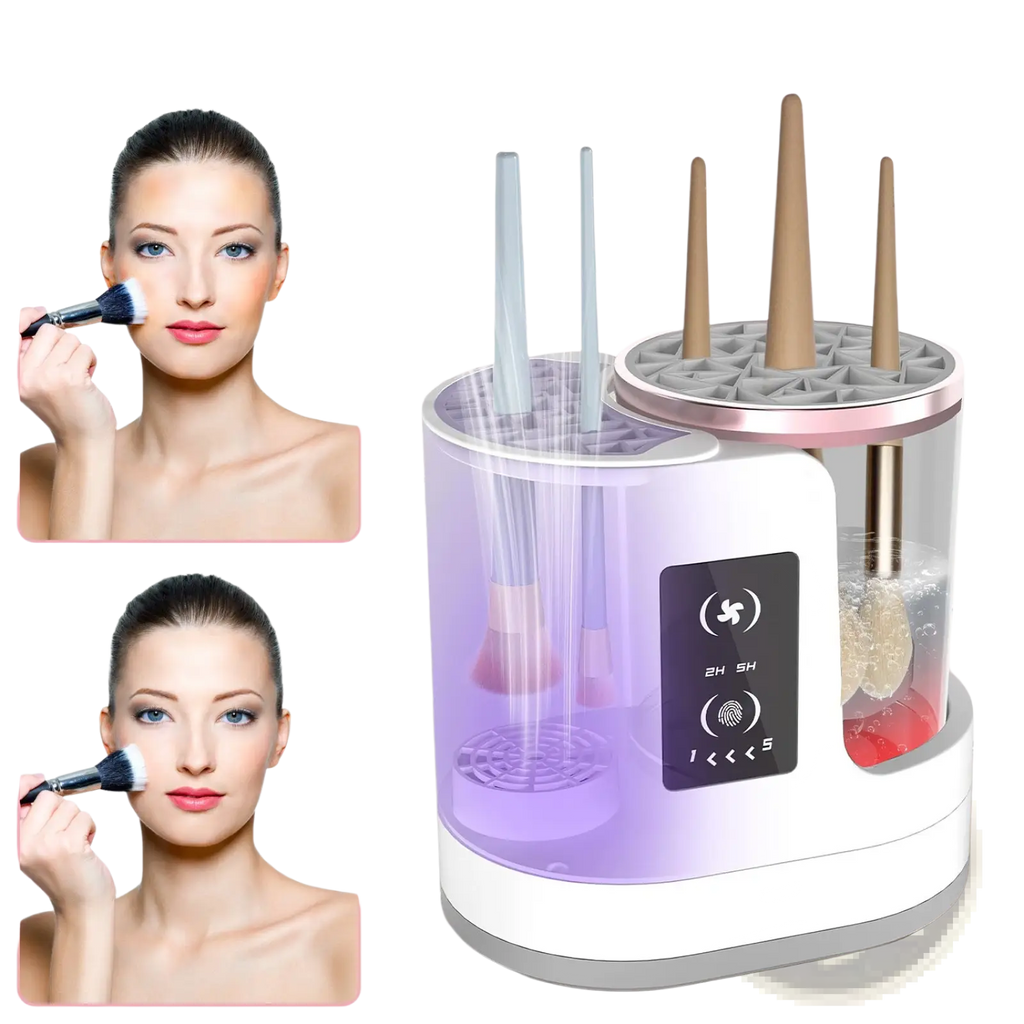 Electric makeup brush cleaner uv sterilizer and dryer in white and pink with transparent tank holding brushes in purple liquid bath