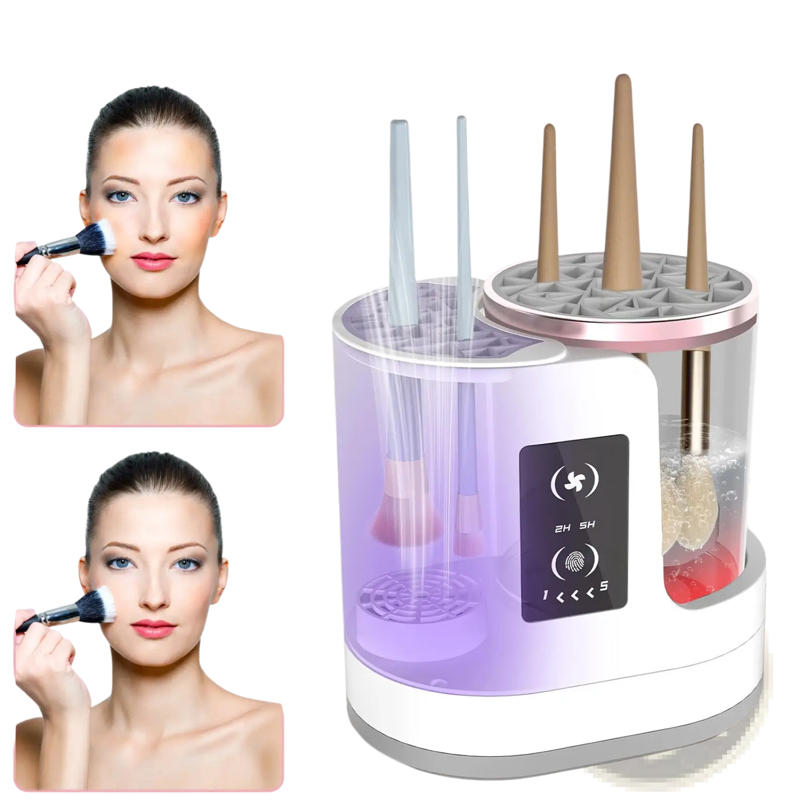 Electric makeup brush cleaner uv sterilizer and dryer in white and pink with transparent tank holding brushes in purple liquid bath