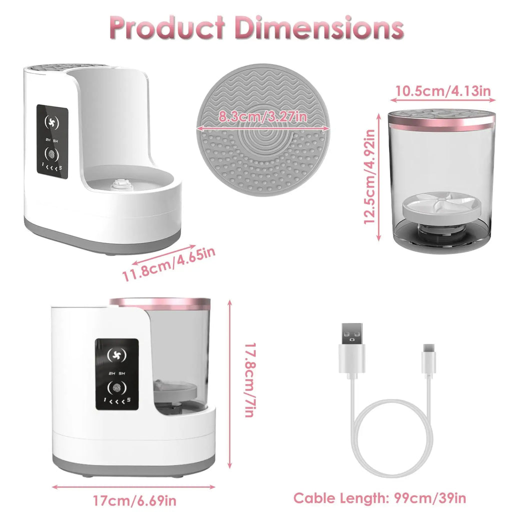 White and rose gold electric makeup brush cleaner uv sterilizer and dryer with transparent reservoir and usb charging cable