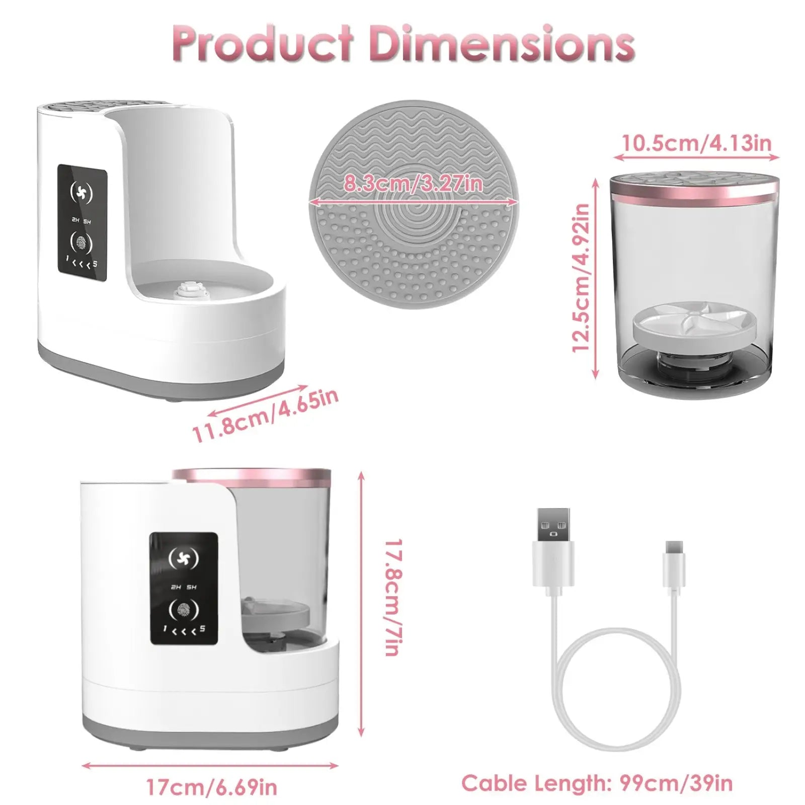 White and rose gold electric makeup brush cleaner uv sterilizer and dryer with transparent reservoir and usb charging cable
