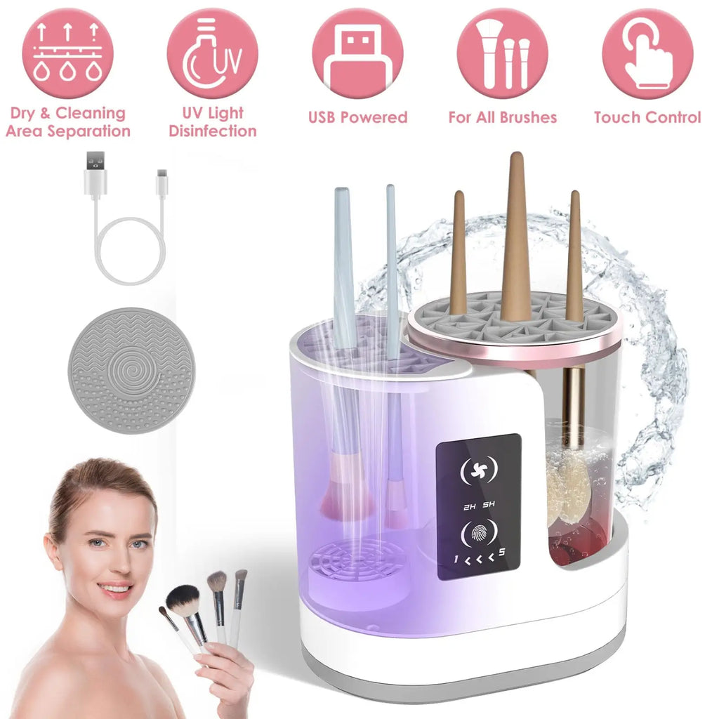 White and rose gold usb-powered electric makeup brush cleaner with uv light sterilizer and dryer for all brushes