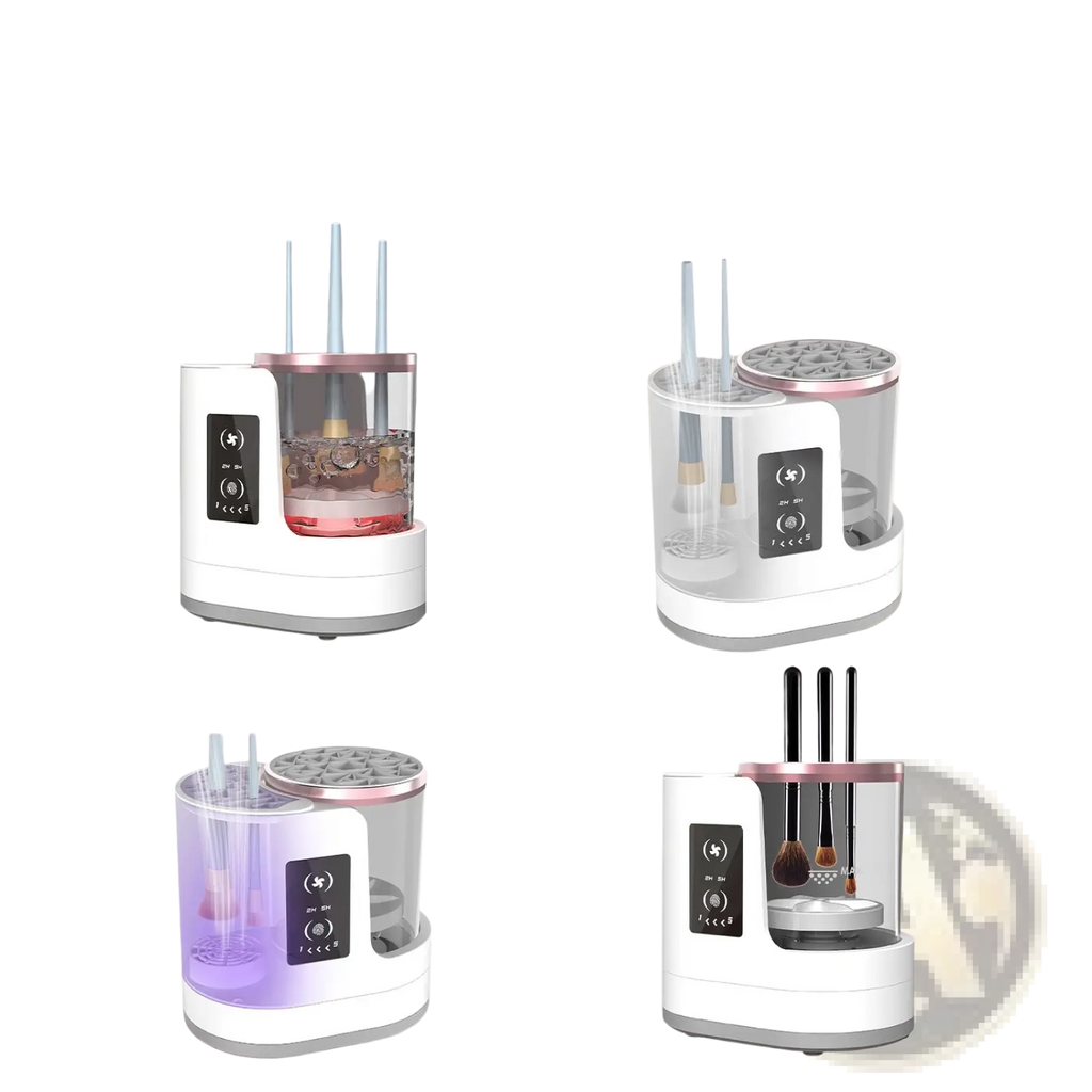 White and rose gold electric makeup brush cleaner uv sterilizer with 4-in-1 function, digital panel, and transparent tank