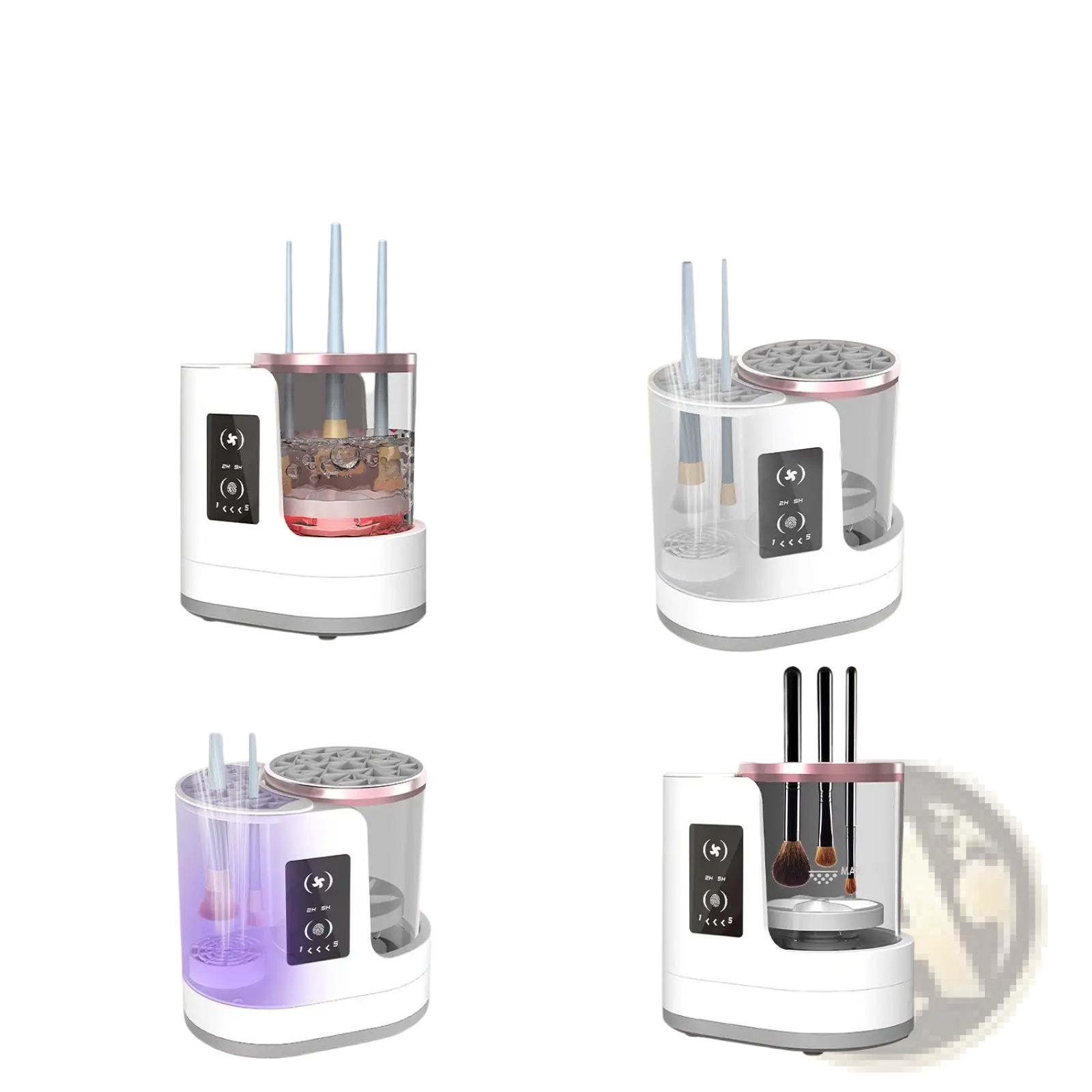 White and rose gold electric makeup brush cleaner uv sterilizer with 4-in-1 function, digital panel, and transparent tank