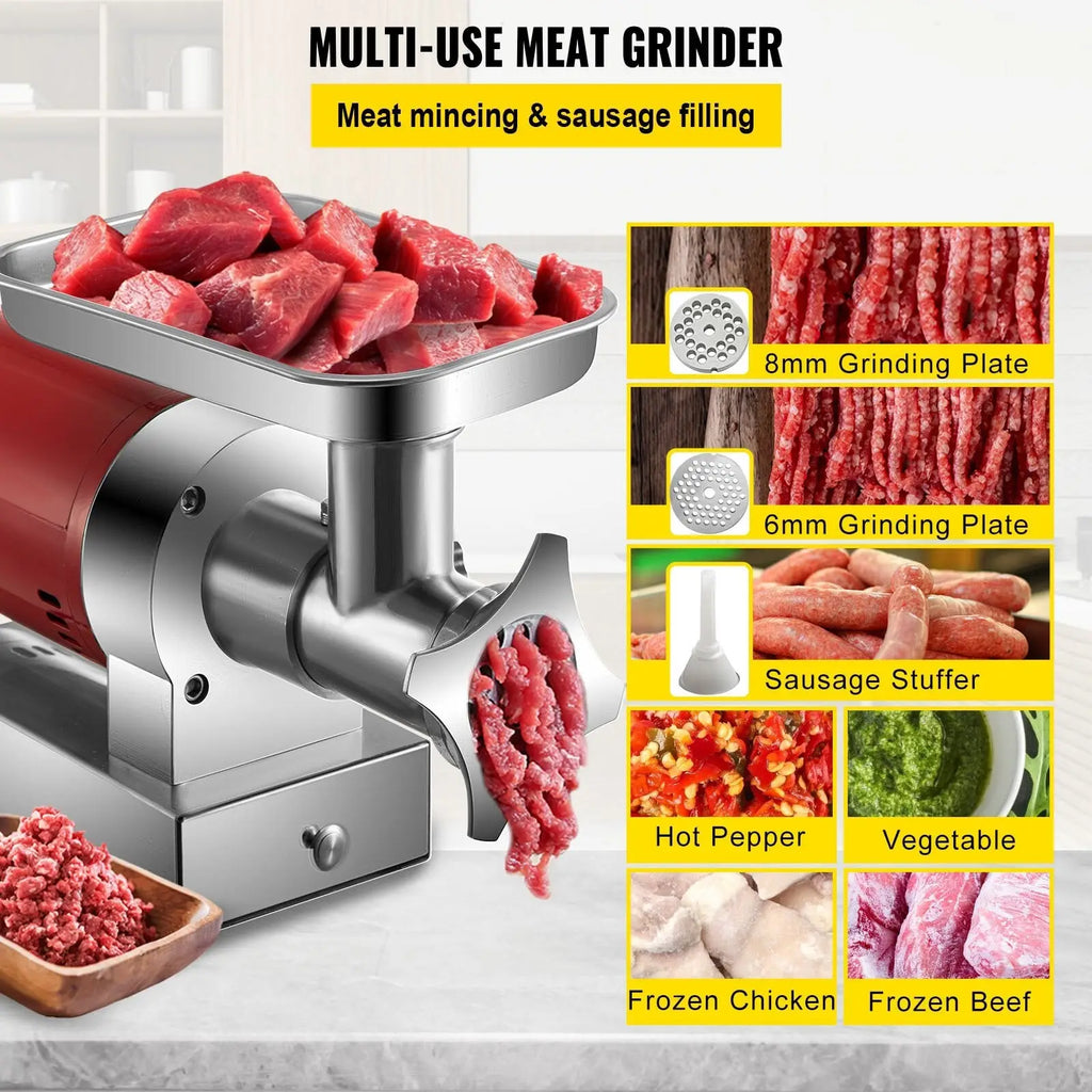 Red and stainless steel electric meat grinder 1100w with interchangeable plates for mincing and sausage making