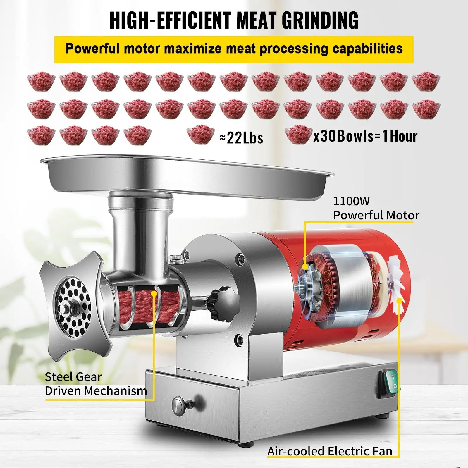 Stainless steel electric meat grinder with red motor housing 1100w silver metallic finish for sausage making