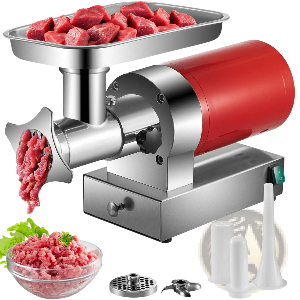 Red and stainless steel electric meat grinder 1100w with silver tray, black knob, green switch, and white attachments
