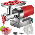 Red and stainless steel electric meat grinder 1100w with silver tray, black knob, green switch, and white attachments