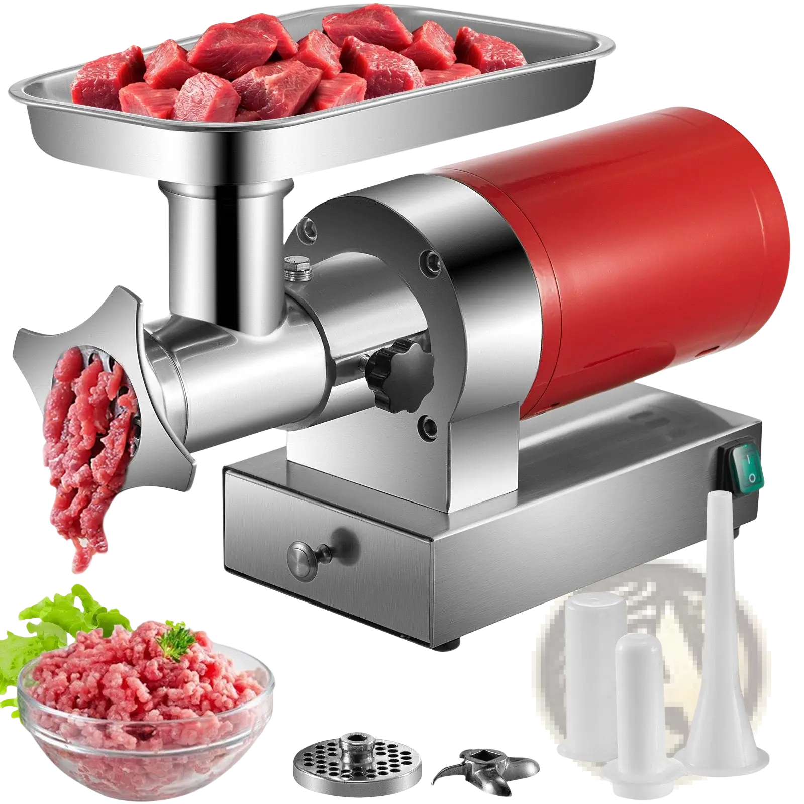 Red and stainless steel electric meat grinder 1100w with silver tray, black knob, green switch, and white attachments