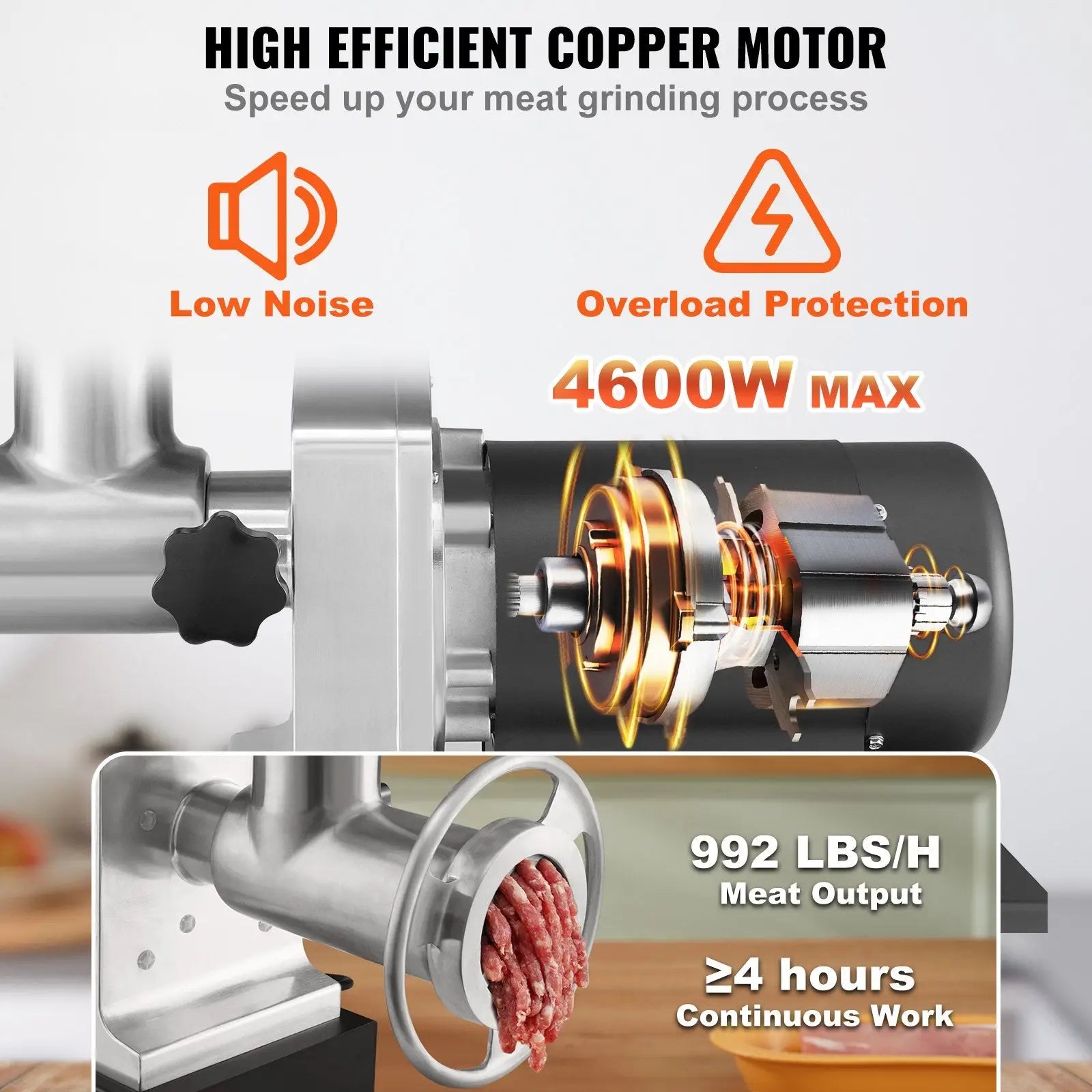 Electric meat grinder 1100w heavy duty stainless steel with high efficient copper motor and black plastic handle