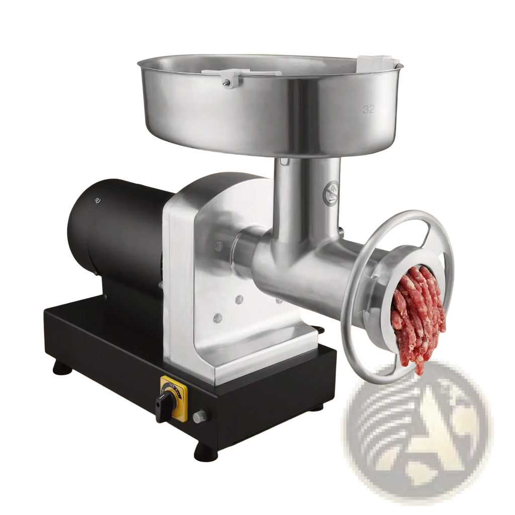 Stainless steel electric meat grinder with black motor base grinding raw ground beef into a plate for heavy duty use
