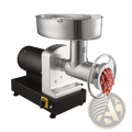 Stainless steel electric meat grinder with black motor base grinding raw ground beef into a plate for heavy duty use