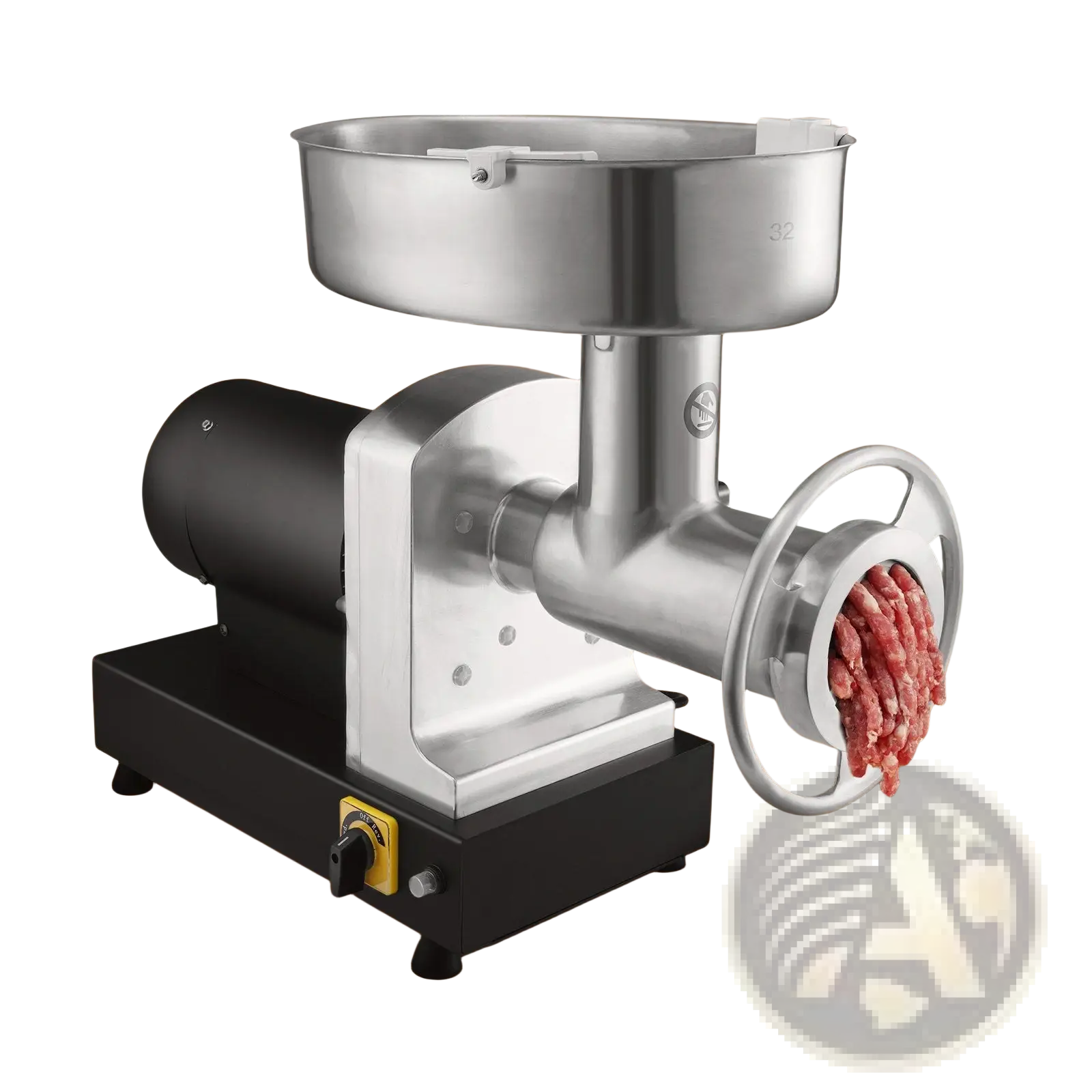 Stainless steel electric meat grinder with black motor base grinding raw ground beef into a plate for heavy duty use