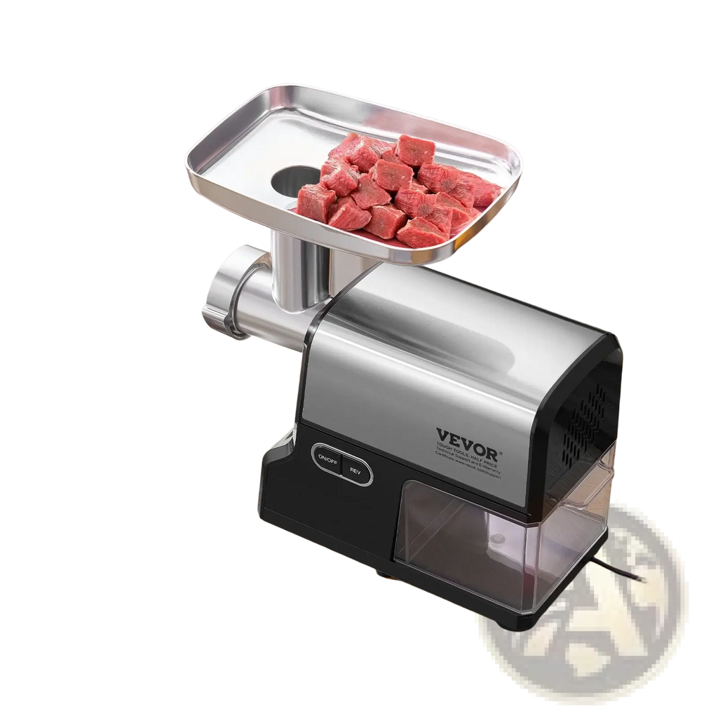 Electric meat grinder 500w vevor made of stainless steel and black plastic with a clear collection tray