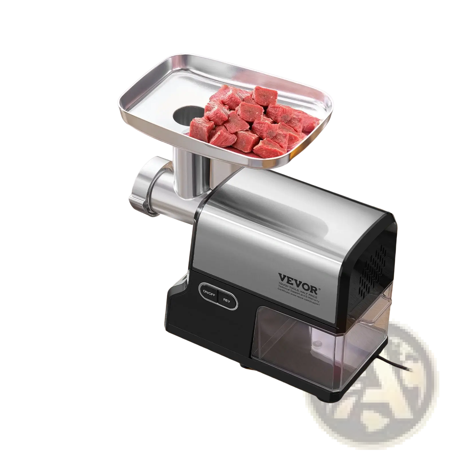 Electric meat grinder 500w vevor made of stainless steel and black plastic with a clear collection tray