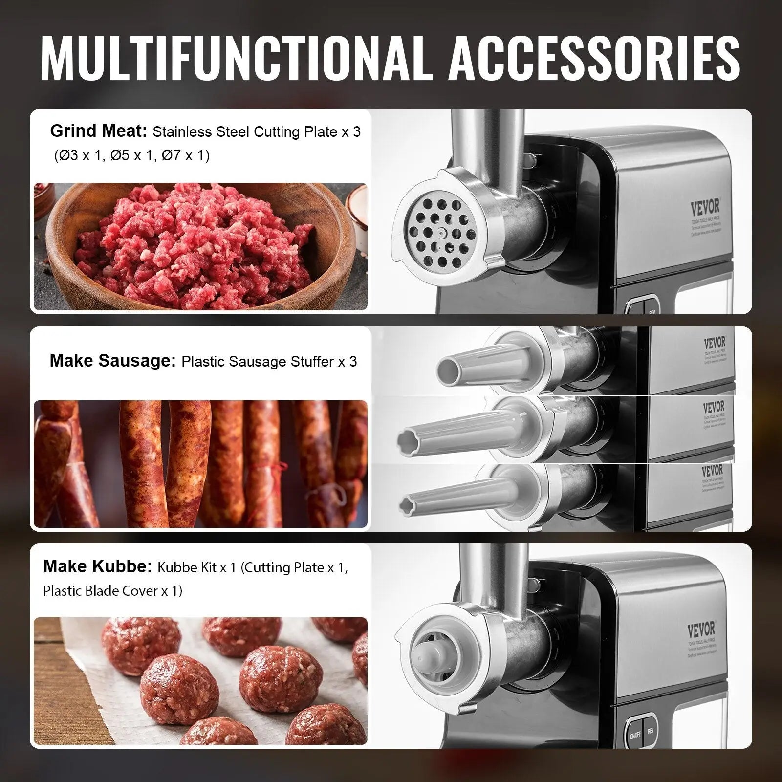 Electric meat grinder 500w stainless steel with black accents and modern design for sausage stuffing and grinding