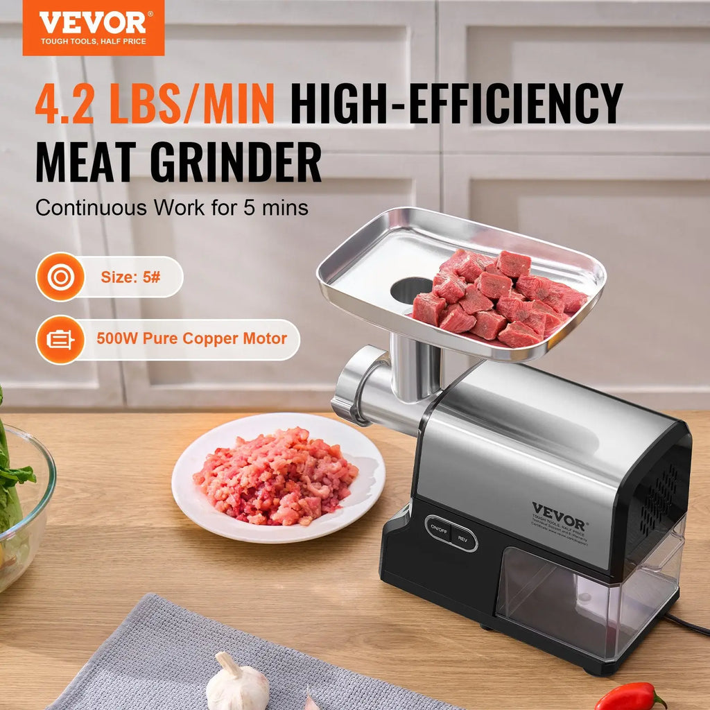Electric meat grinder with a 500w pure copper motor stainless steel and black plastic vevor high-efficiency design