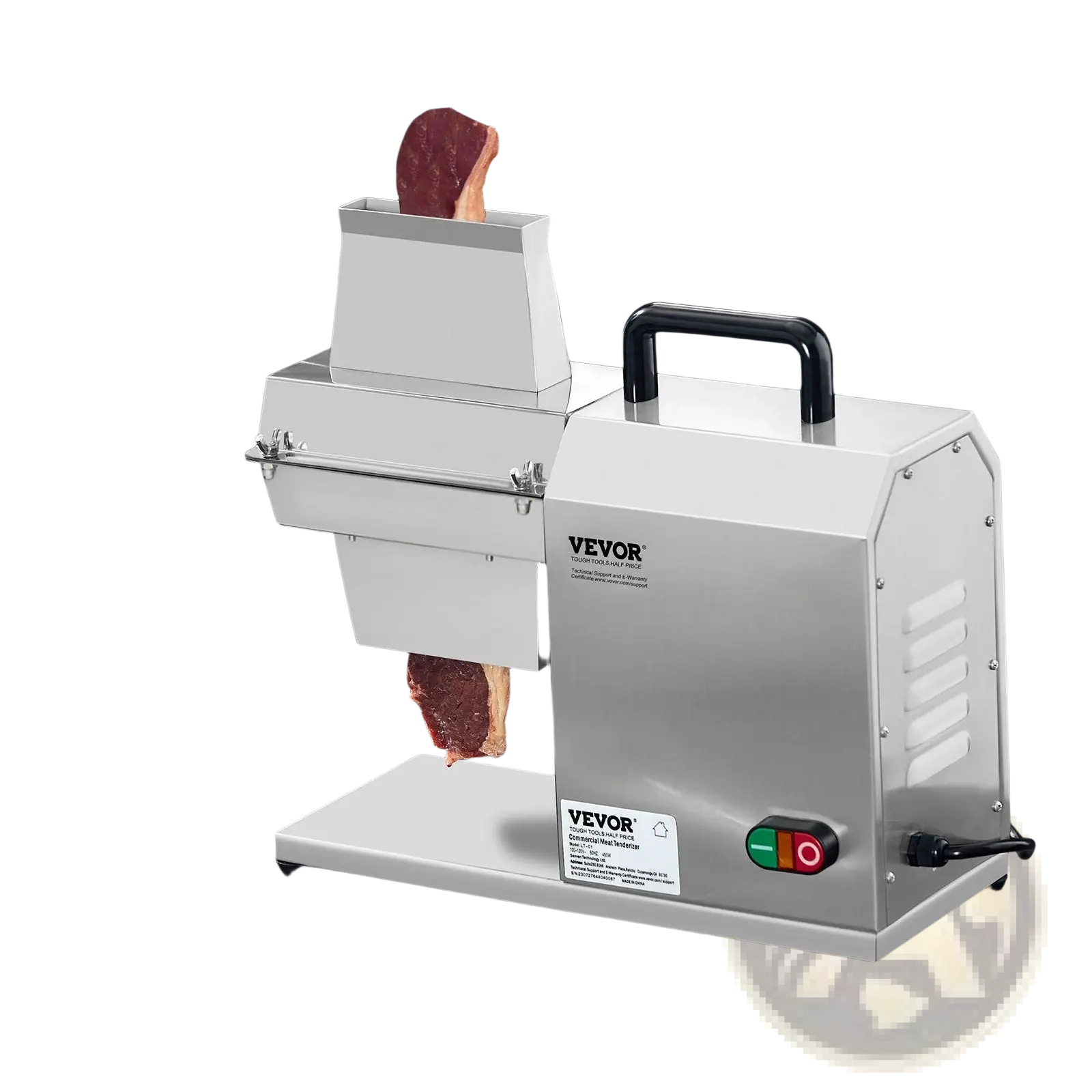 Stainless steel vevor electric meat slicer with black handle and red green power buttons for tenderizing meat
