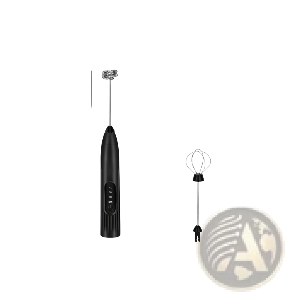 Black handheld electric milk frother with silver stainless steel whisk attachment for frothing and mixing coffee