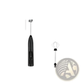Black handheld electric milk frother with silver stainless steel whisk attachment for frothing and mixing coffee