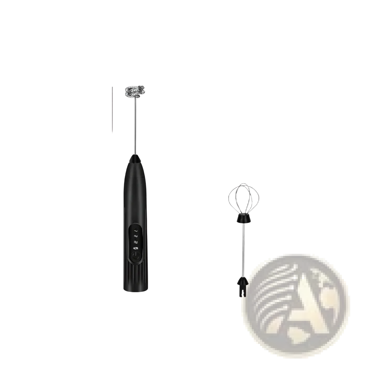 Black handheld electric milk frother with silver stainless steel whisk attachment for frothing and mixing coffee