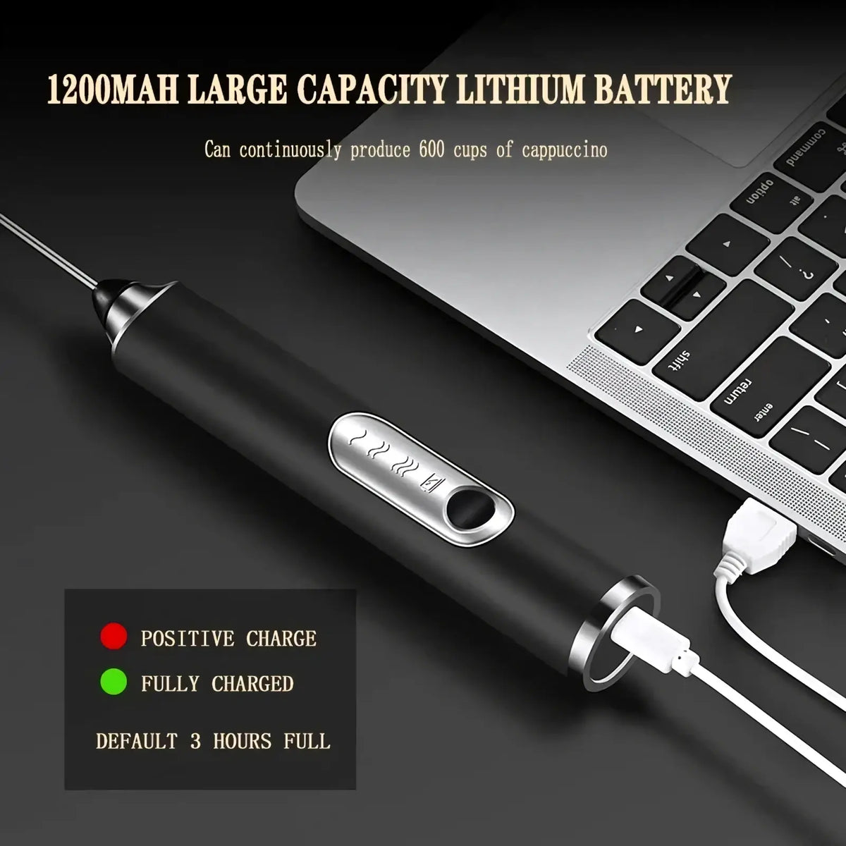 Black cylindrical electric milk frother with silver accents and charging port for making cappuccino foam