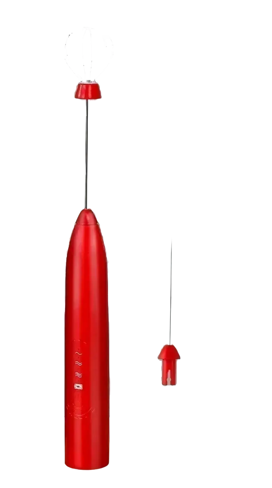 Red electric milk frother and handheld coffee whisk with a sleek cylindrical body and interchangeable metal beaters