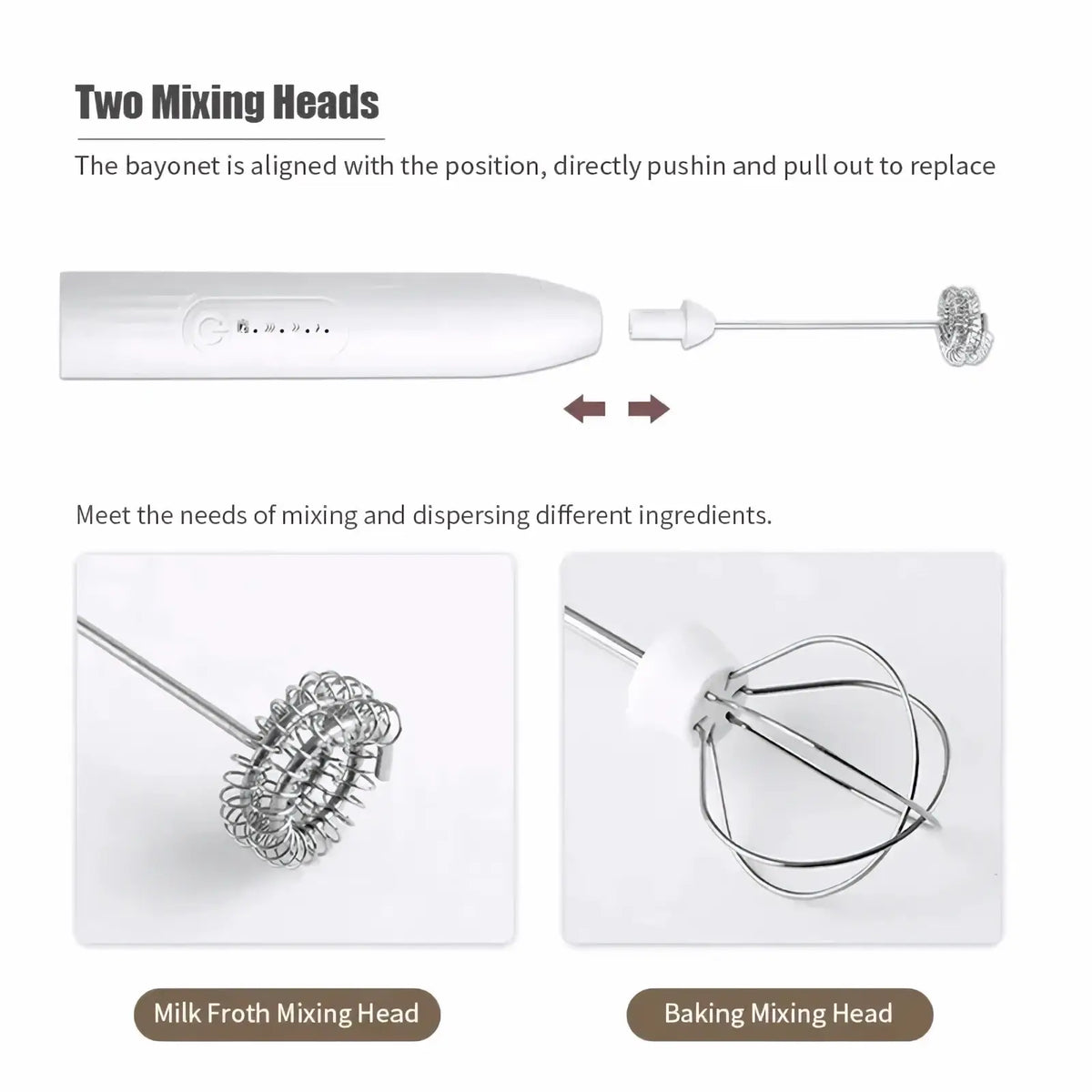 White handheld electric milk frother and coffee whisk with two interchangeable metal mixing heads for baking and frothing