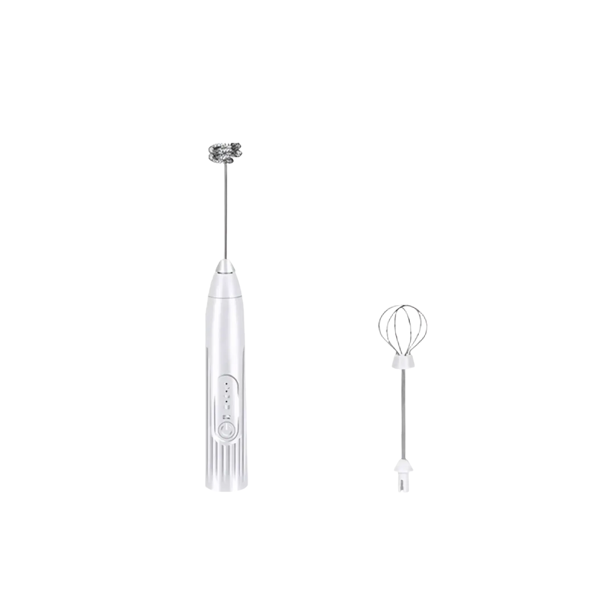 White handheld electric milk frother with sleek ribbed handle and metallic whisk attachment for coffee and milk frothing