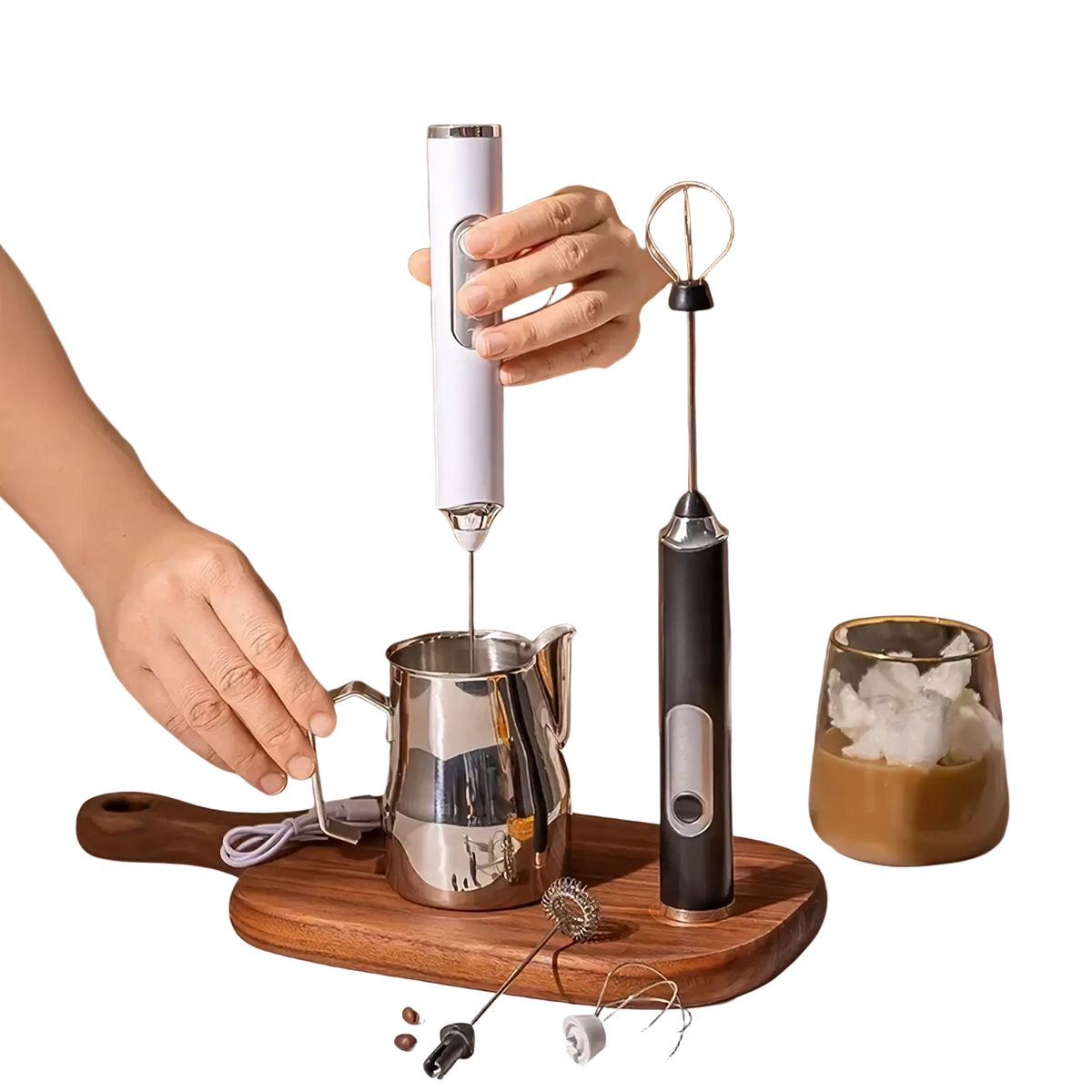 White electric milk frother with sleek cylindrical body and metallic tip for creating foam in coffee and desserts