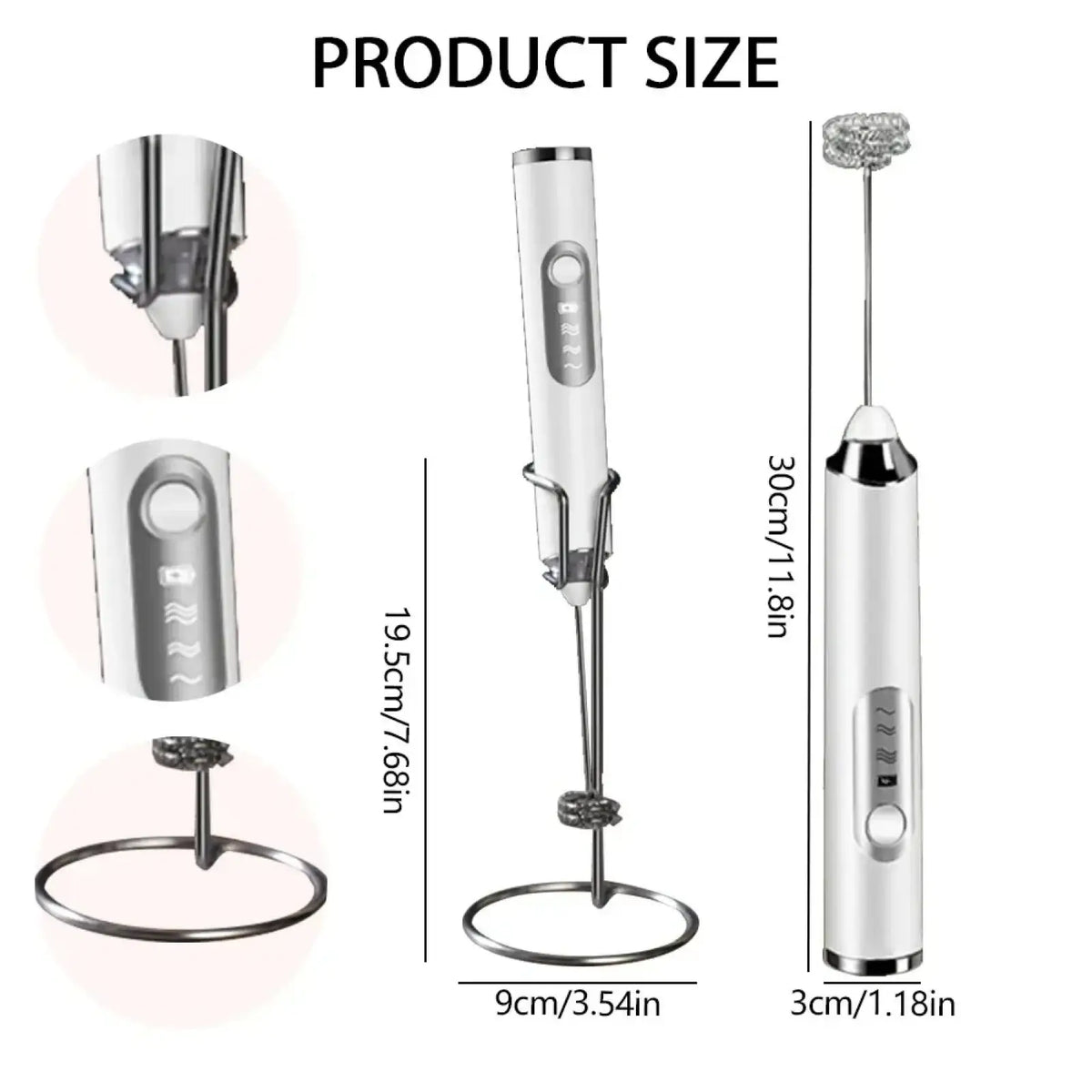 Electric milk frother and handheld coffee whisk in white and silver with a sleek cylindrical body and metallic whisk