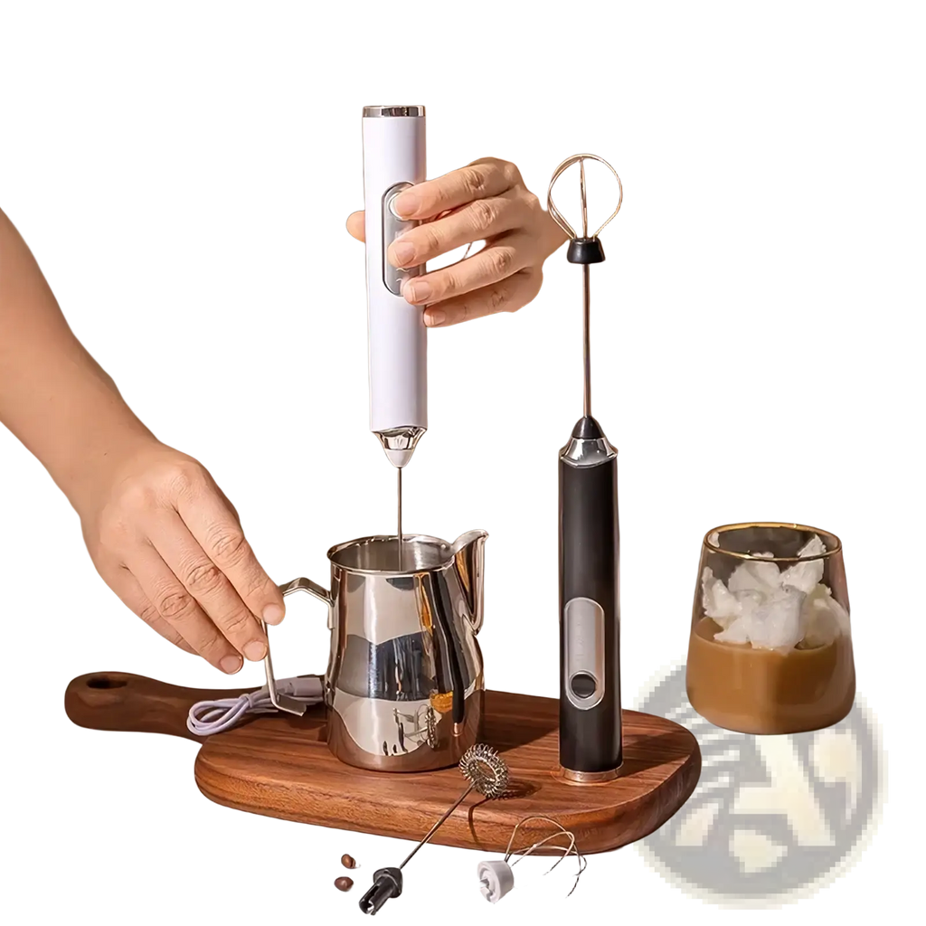 White electric milk frother with sleek cylindrical body and metallic tip for creating foam in coffee and desserts