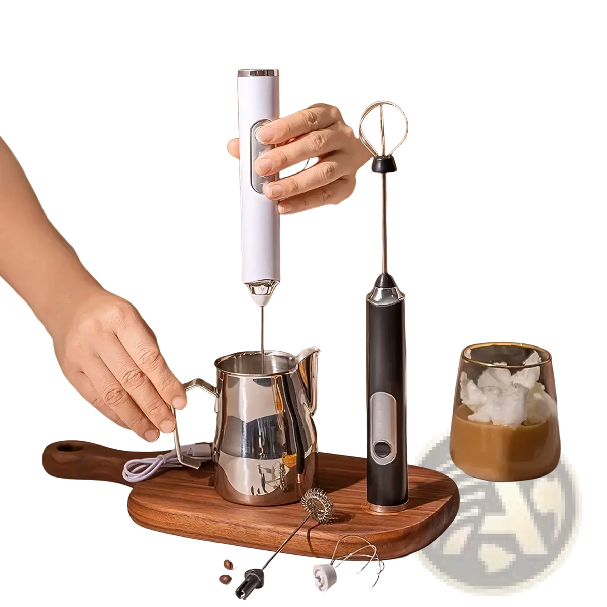 White electric milk frother with sleek cylindrical body and metallic tip for creating foam in coffee and desserts