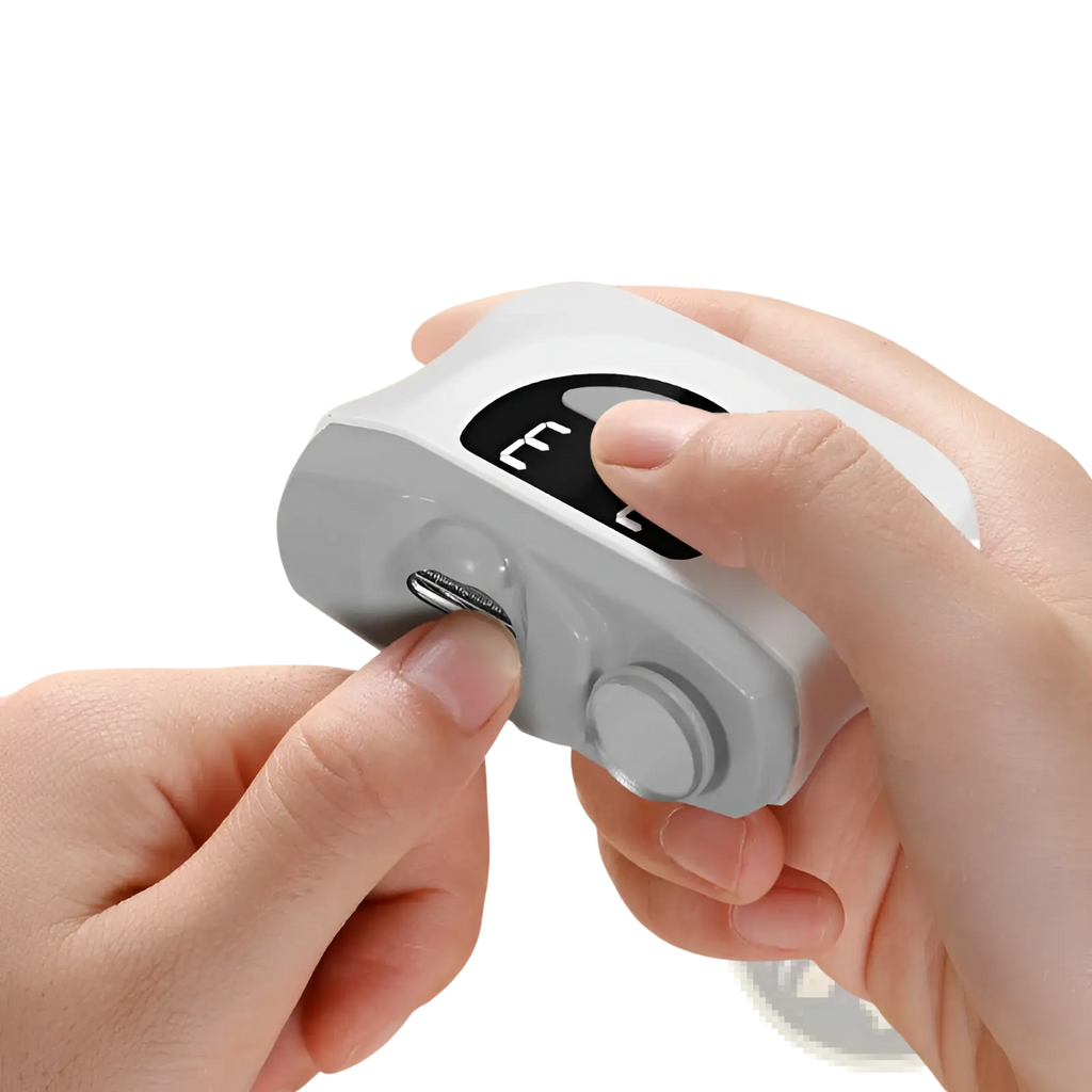 White electric nail clippers with led display and two circular buttons for precise trimming and polishing