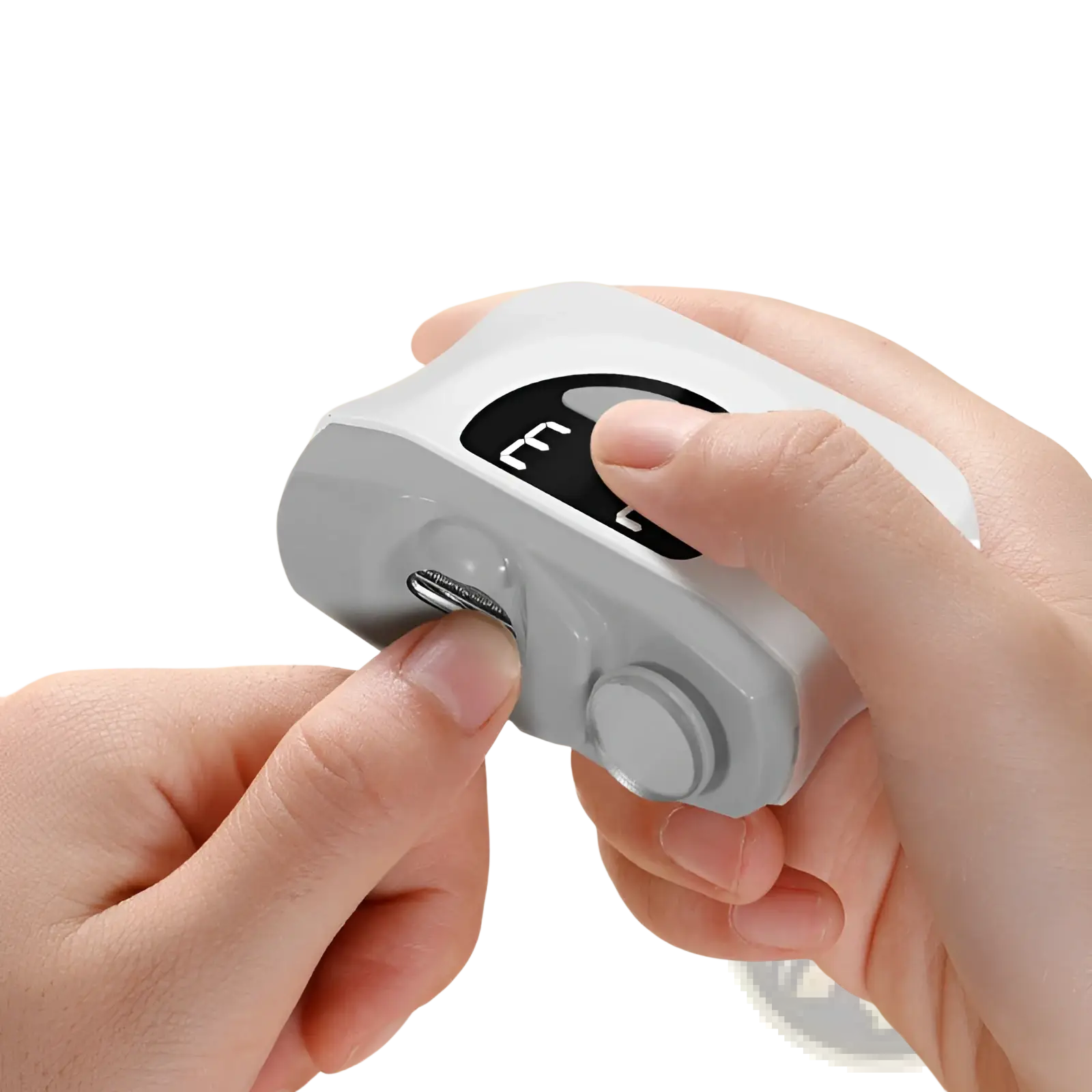 White electric nail clippers with led display and two circular buttons for precise trimming and polishing