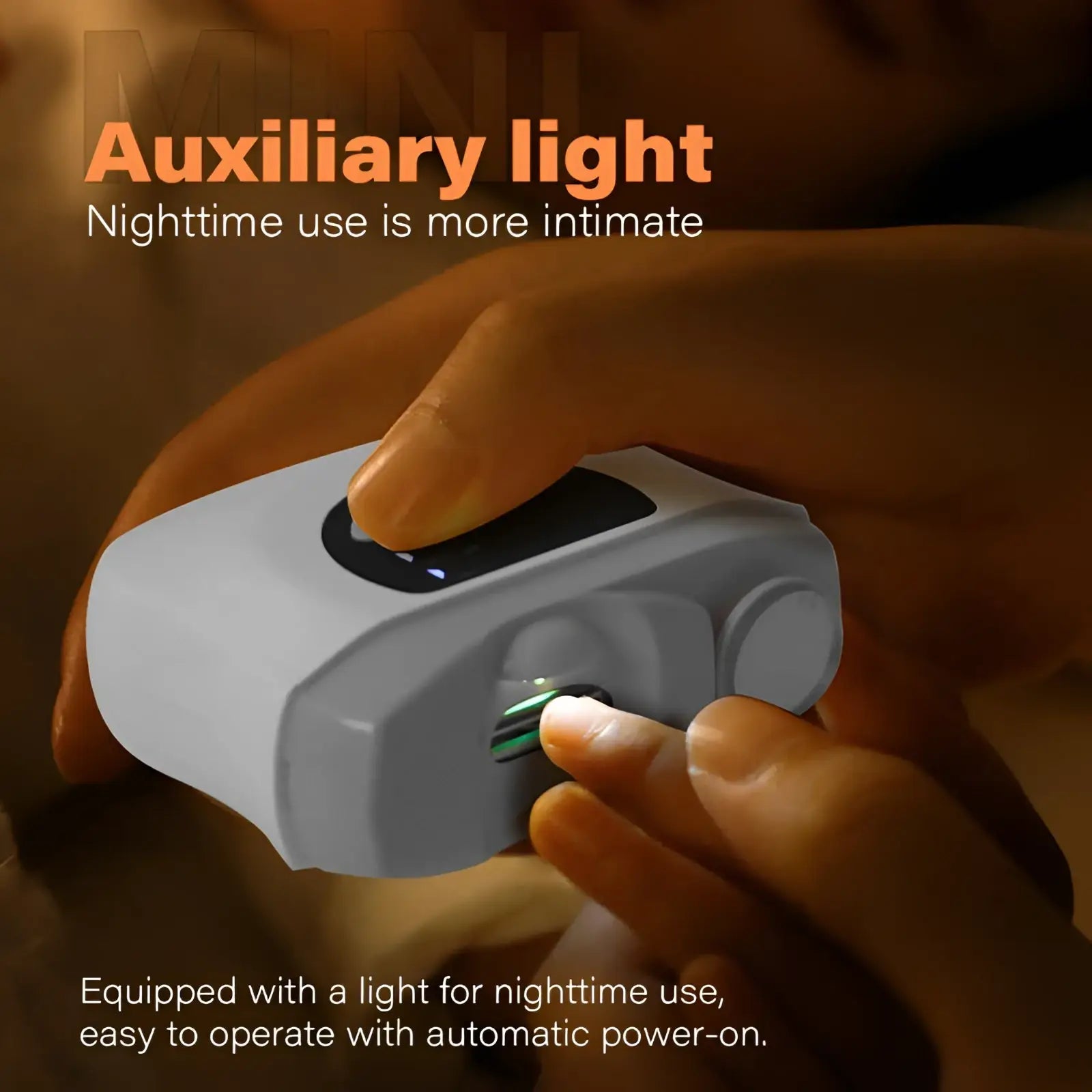 Gray plastic auxiliary light with black circular button and green led indicator on electric nail clippers with led display and trimmer